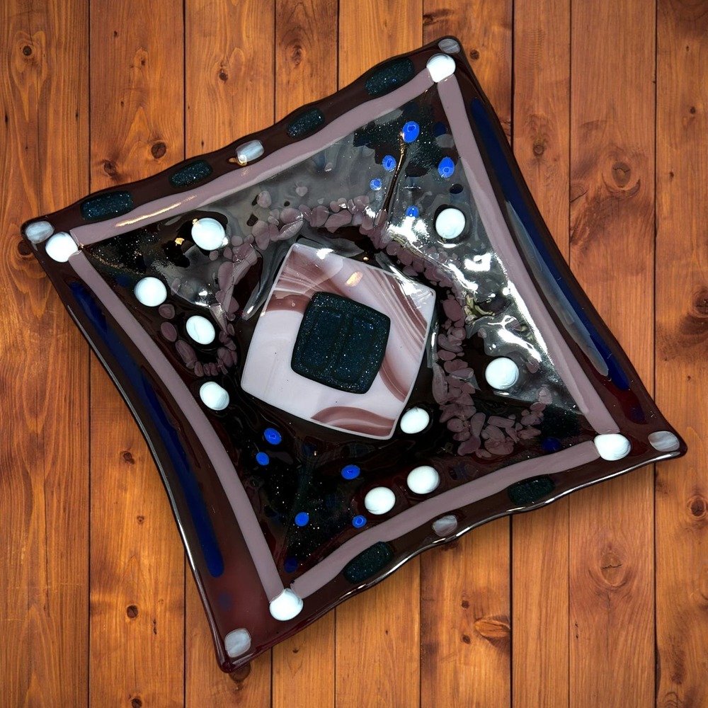 Kayeleidoscope Glass Tray Bowl 11 x 11 x 2.5 Kaleidoscope Kay Nettleton Handmade